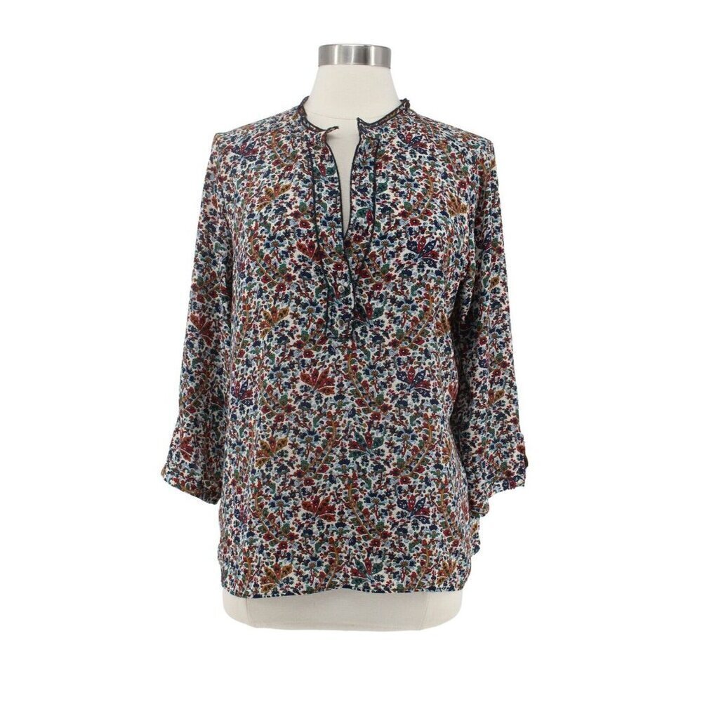 Zara Basic Floral Blouse V Neck Button Detail Womens Top Size Large White Casual